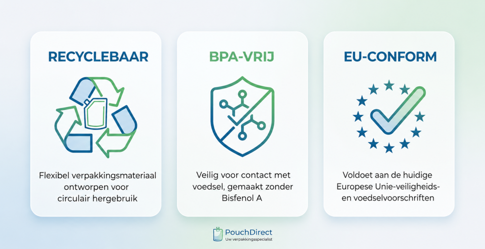 Iconen voor duurzaamheid en wetgeving van verpakkingen: 100% recyclebaar, BPA-vrij en EU-compliant Iconen voor duurzaamheid en wetgeving van verpakkingen: 100% recyclebaar, BPA-vrij en EU-compliant