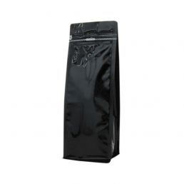 Flat bottom koffiezak met front zipper - glanzend zwart