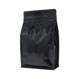 Flat bottom koffiezak met zipper - glanzend zwart - 250 gr (140x210+{35+35} mm)