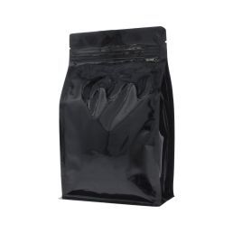 Flat bottom koffiezak met zipper - glanzend zwart