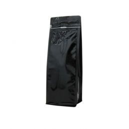 Flat bottom koffiezak met front zipper - glanzend zwart