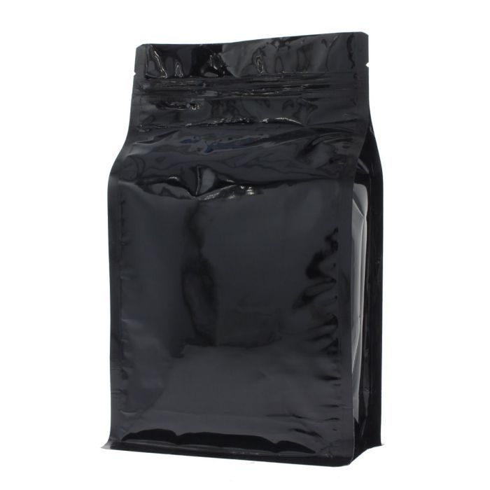 Flat bottom zak met zipper - glanzend zwart - 150x255+{40+40} mm (1,5lt)