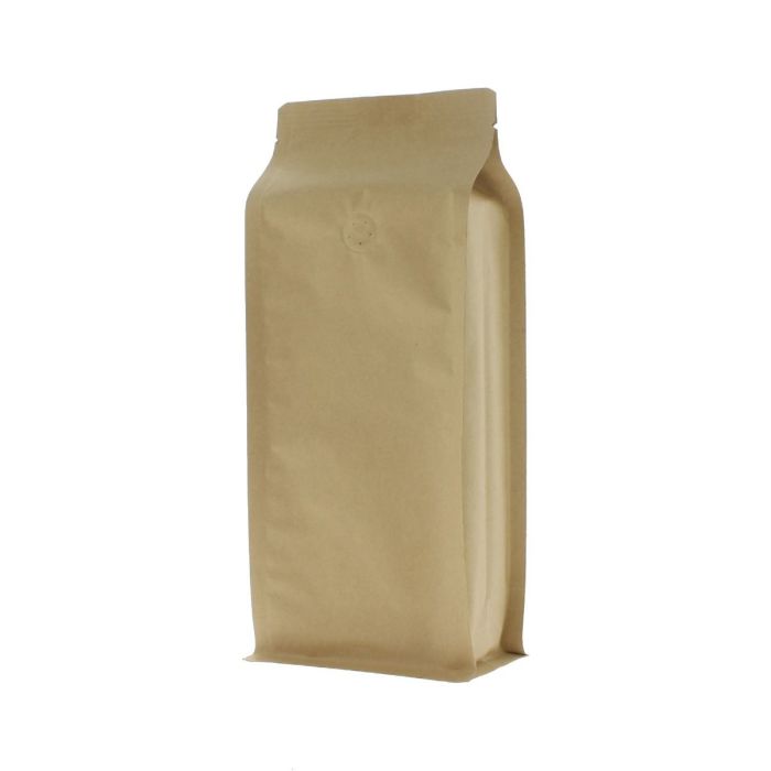 Bruine kraftpapier flat bottom koffiezak met ventiel.