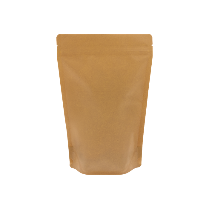 Bruine recyclebare kraft look doypack met afscheurinkeping en gripsluiting.