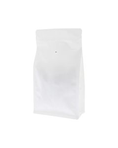 Matte white recyclable flat bottom coffee pouch with valve, tear notch and zip closure.