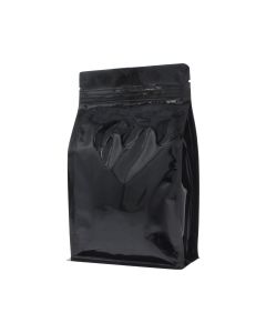 Flat bottom koffiezak met zipper - glanzend zwart - 250 gr (140x210+{35+35} mm)