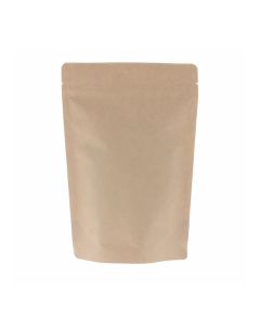 Bruine kraftpapier doypack met afscheurinkeping en gripsluiting.