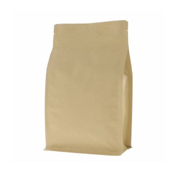 Bruine kraftpapier flat bottom zak met afscheurinkeping en gripsluiting.