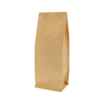 Bruine recyclebare kraft look flat bottom koffiezak met ventiel en afscheurinkeping.