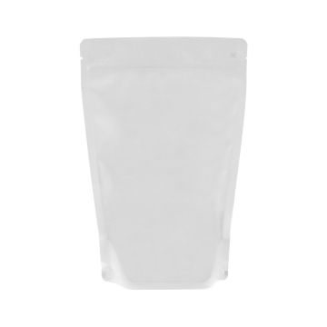 Mat witte recyclebare doypack met afscheurinkeping en gripsluiting.