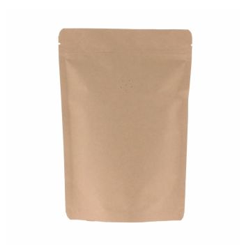 Bruine 3-laags kraftpapier koffiezak met ventiel, afscheurinkeping en gripsluiting.