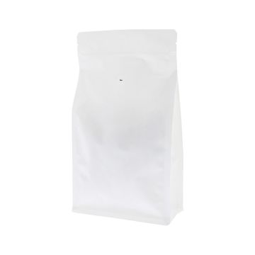 Matte white recyclable flat bottom coffee pouch with valve, tear notch and zip closure.