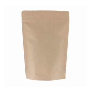 Bruine kraftpapier doypack met afscheurinkeping en gripsluiting.