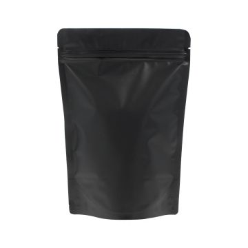 Mat zwarte doypack met afscheurinkeping en gripsluiting.