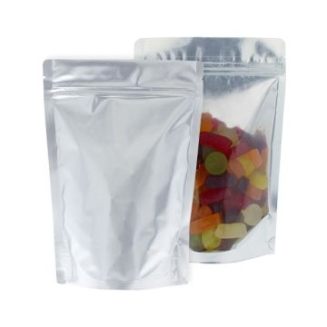 Transparante en mat zilveren doypack met afscheurinkeping en gripsluiting.