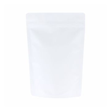 Mat witte doypack met afscheurinkeping en gripsluiting.