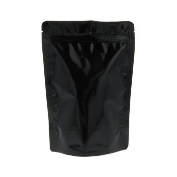 Glanzend zwarte doypack met afscheurinkeping en gripsluiting.