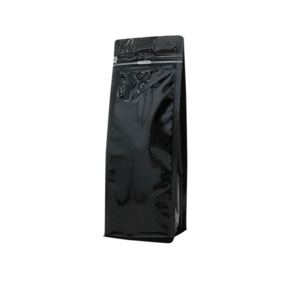 Flat bottom koffiezak met front zipper - glanzend zwart - 250 gr (95x245+{35+35} mm)