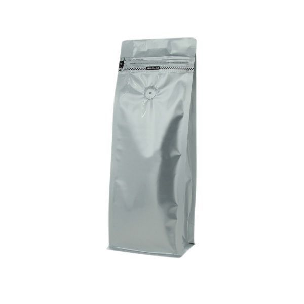 Flat bottom koffiezak met front zipper - mat zilver - 250 gr (95x245+{35+35} mm)