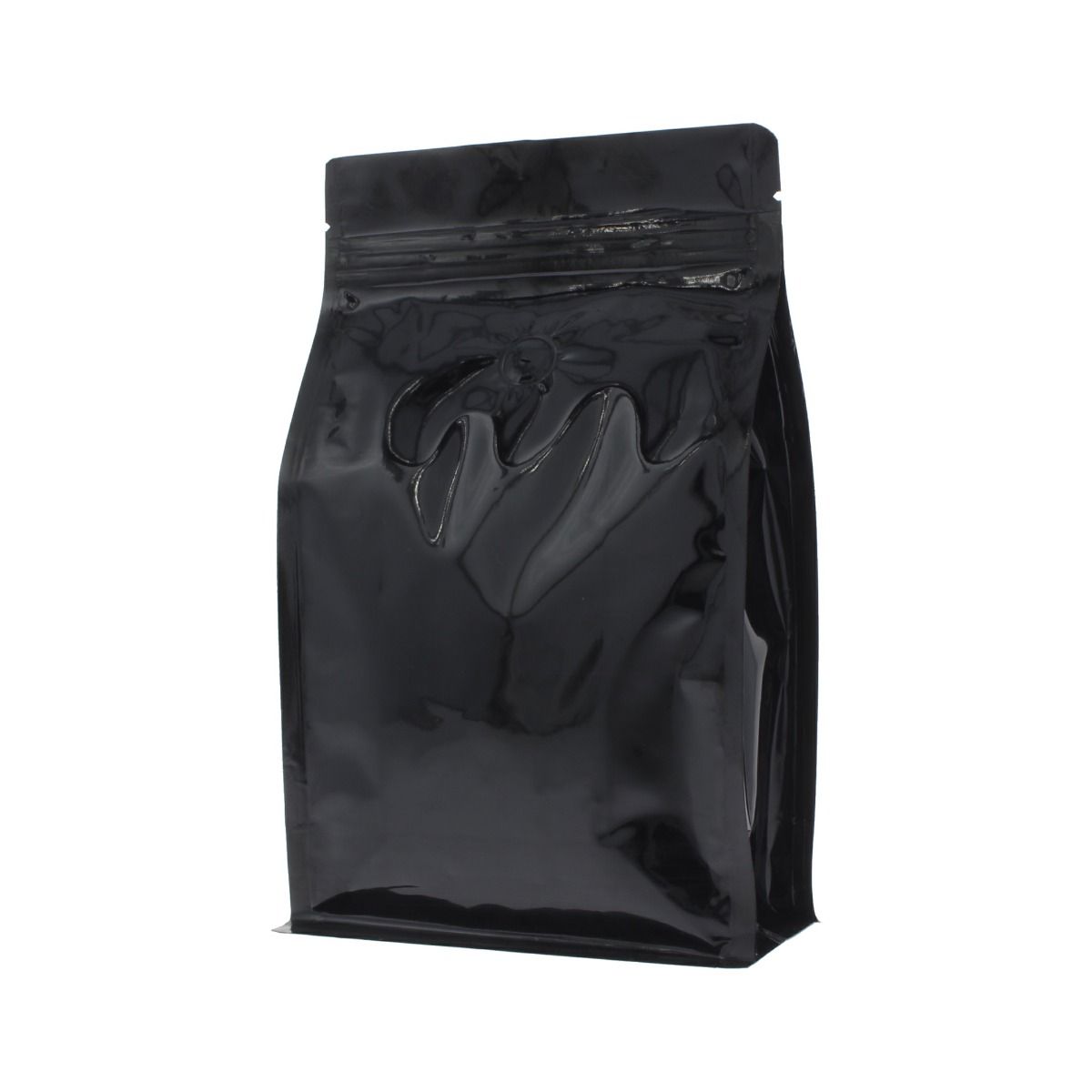 Flat bottom koffiezak met zipper - glanzend zwart - 250 gr (140x210+{35+35} mm)