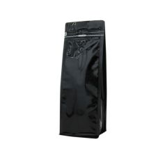 Flat bottom koffiezak met front zipper - glanzend zwart - 250 gr (95x245+{35+35} mm)