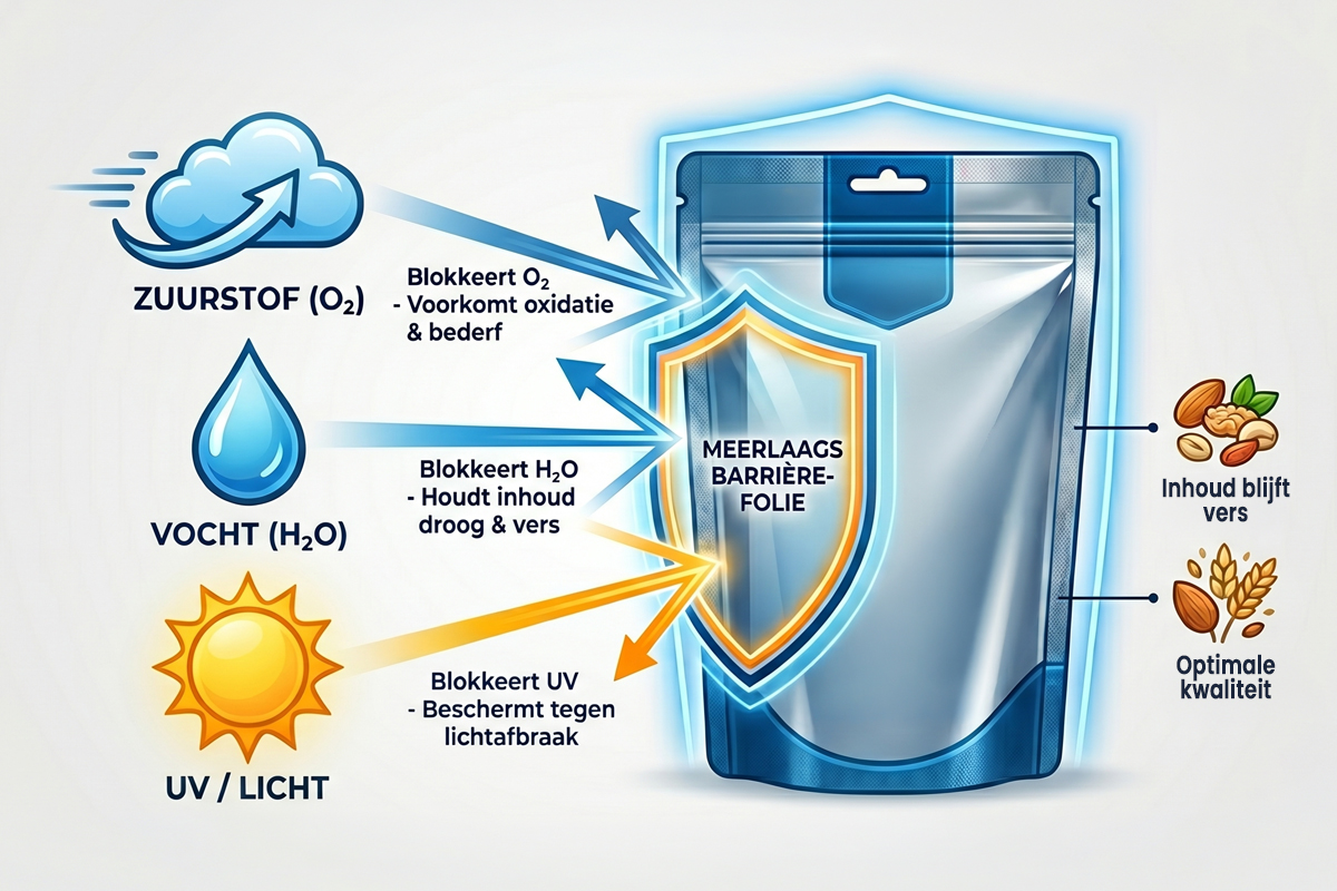 Infographic werking barrière verpakking: een meerlaags folie blokkeert zuurstof, vocht en UV-licht voor maximale houdbaarheid Infographic werking barrière verpakking: een meerlaags folie blokkeert zuurstof, vocht en UV-licht voor maximale houdbaarheid